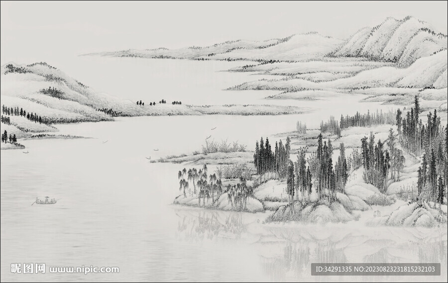 中式电视背景墙 山水 壁画硬包