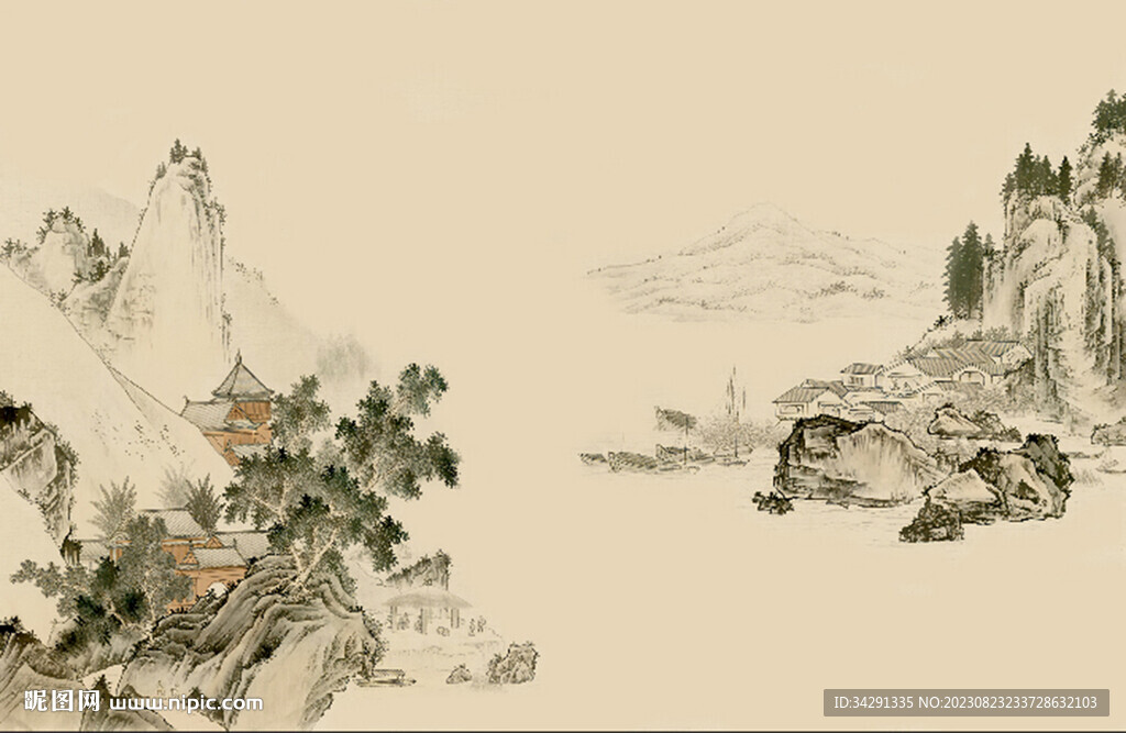 国画山水中式电视背景墙