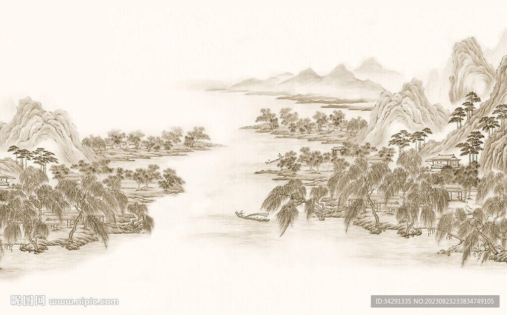 中式背景墙壁画 古典国画山水