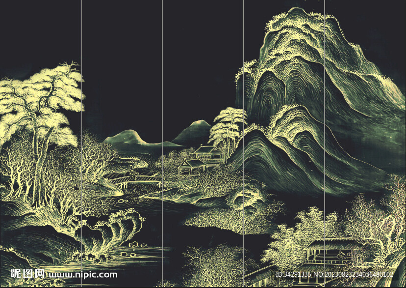 山水中式电视背景墙  壁画硬包