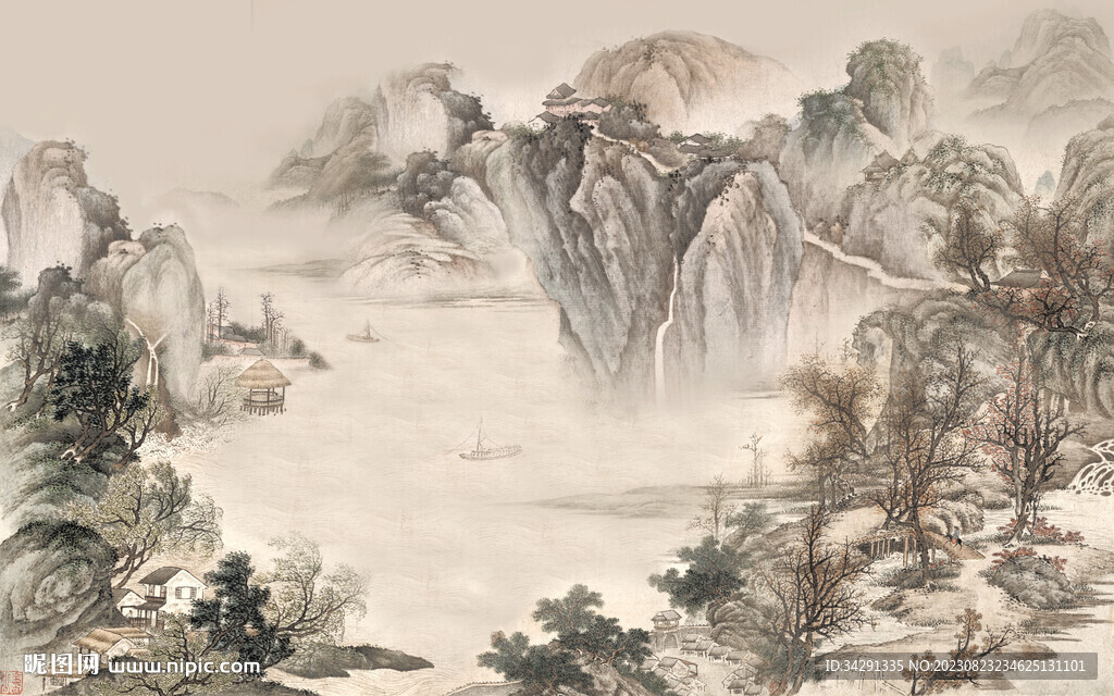 中式背景墙壁画 古典国画山水