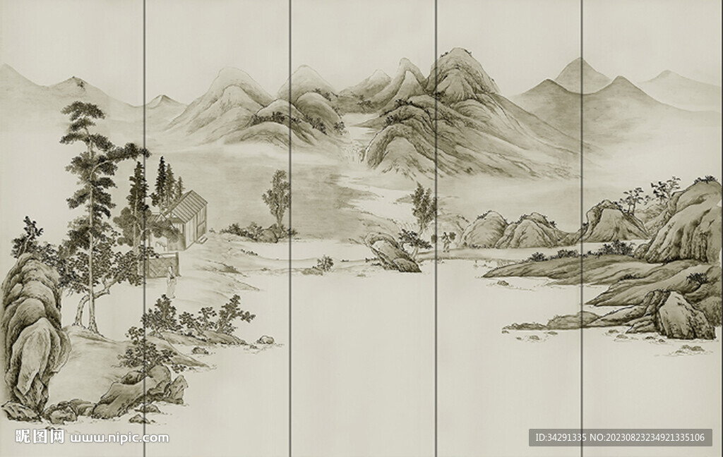 国画山水中式电视背景墙