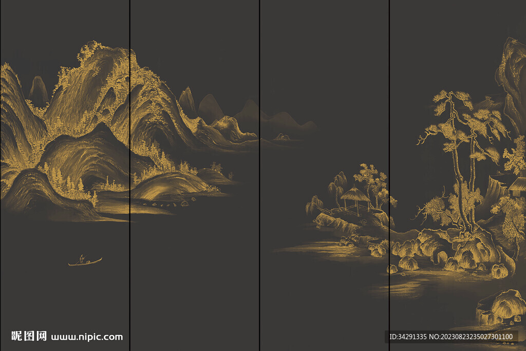 中式背景墙壁画 古典国画山水