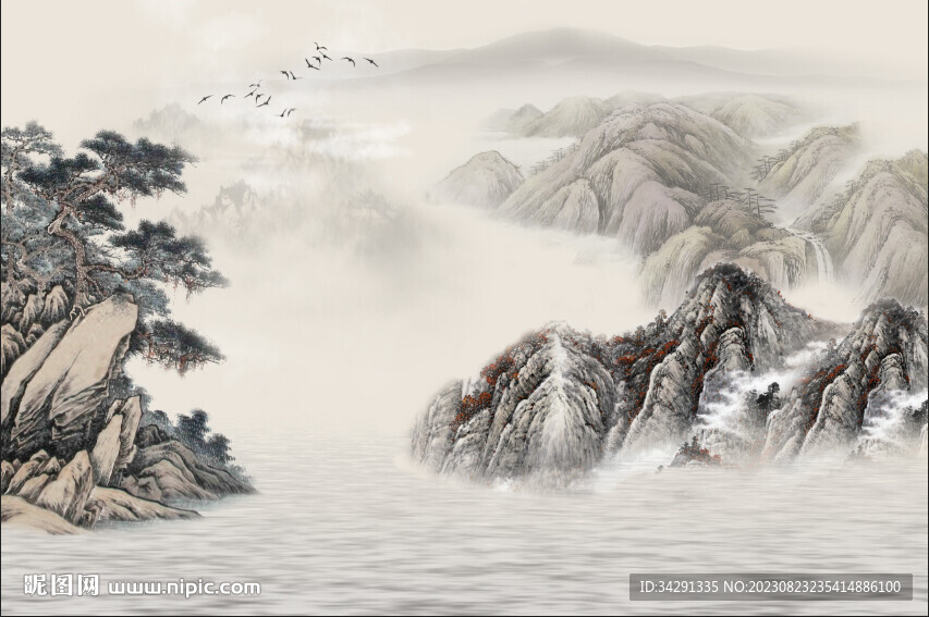 中式电视背景墙国画山水