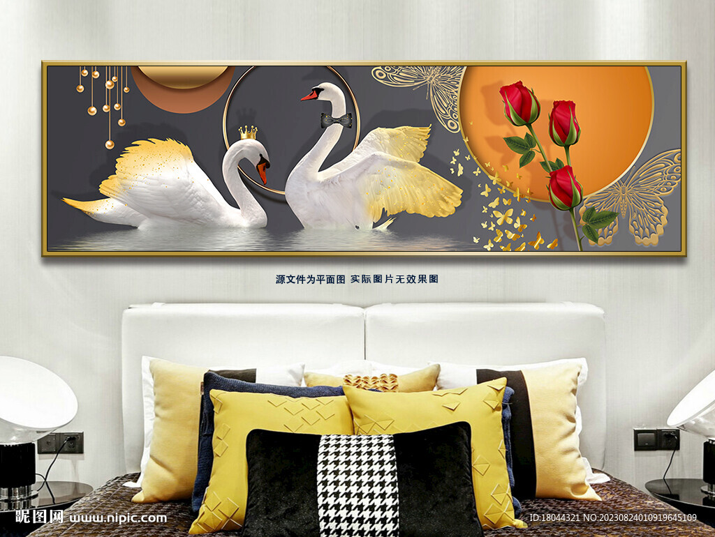 浪漫玫瑰花天鹅湖床头装饰画