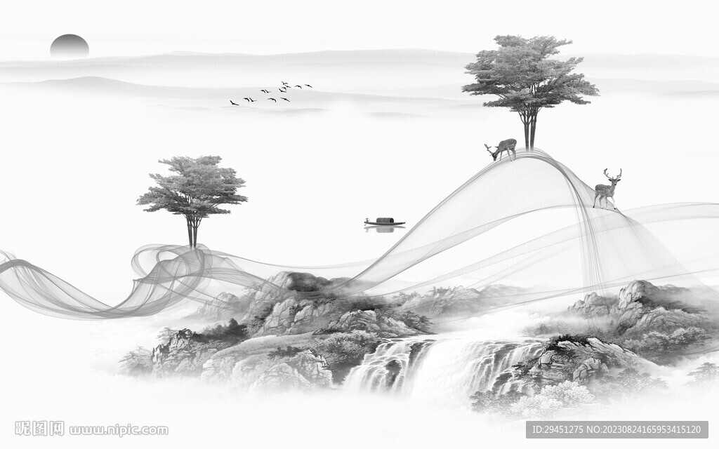 高清 灰色中式山水 TiF分层