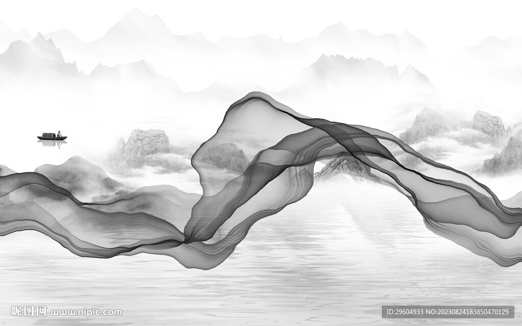 客厅 中式灰色山水 TIF分层