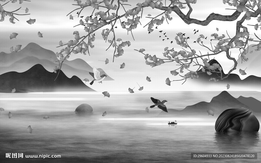 最新 中式灰色山水 TIF分层