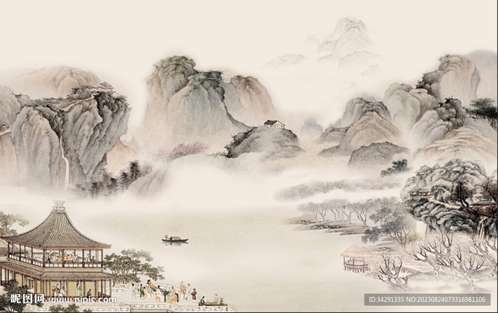 国画山水中式电视背景墙