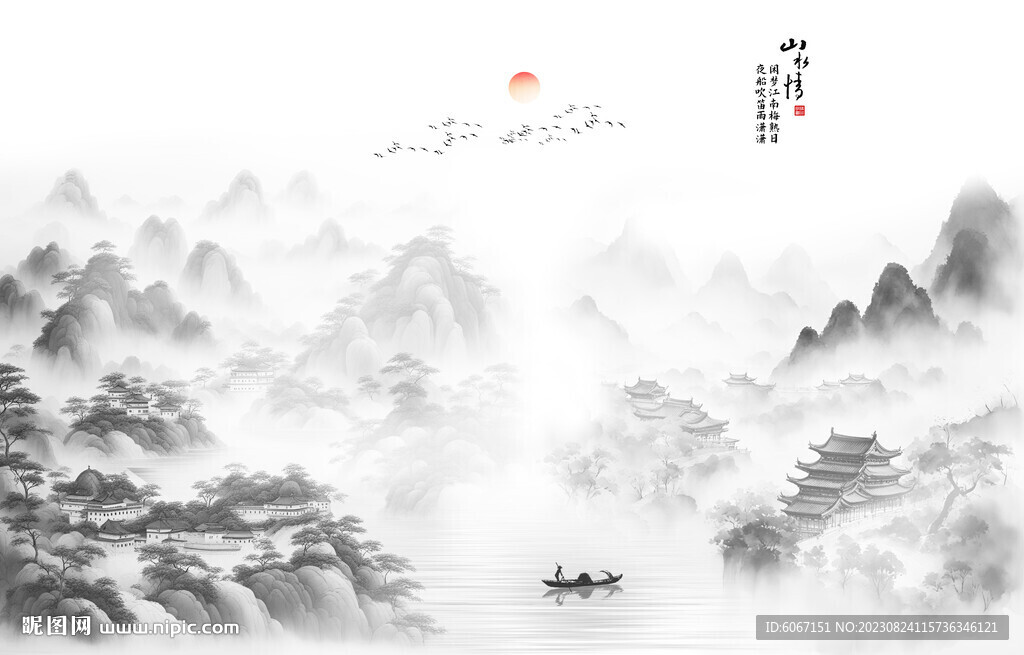 水墨江南水乡背景墙