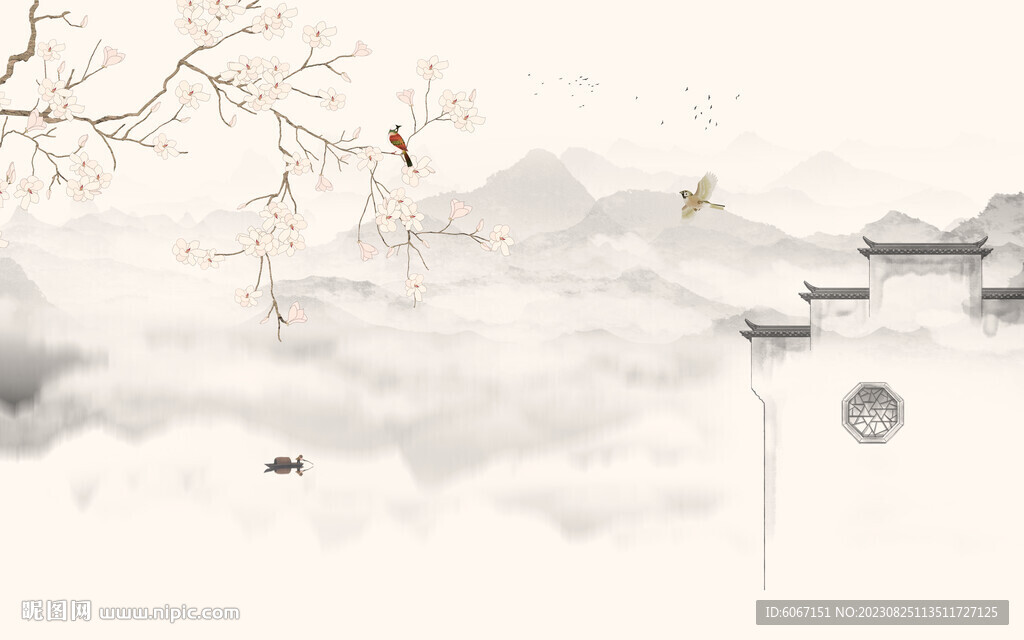 新中式花鸟画电视背景墙