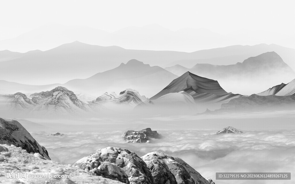 高端 清晰灰色山水 Tif分层