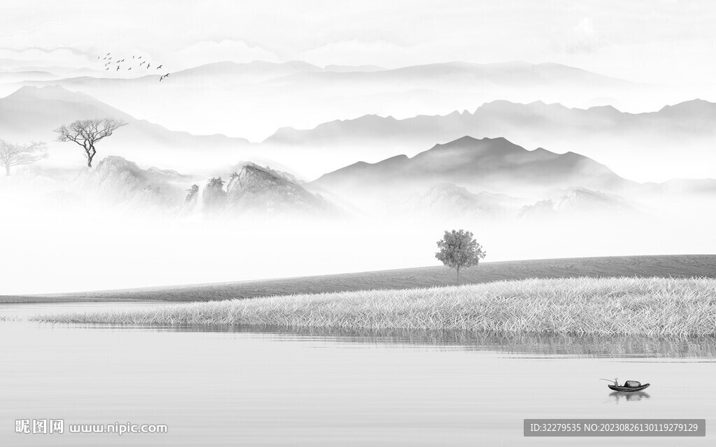 人气 清晰灰色山水 Tif分层