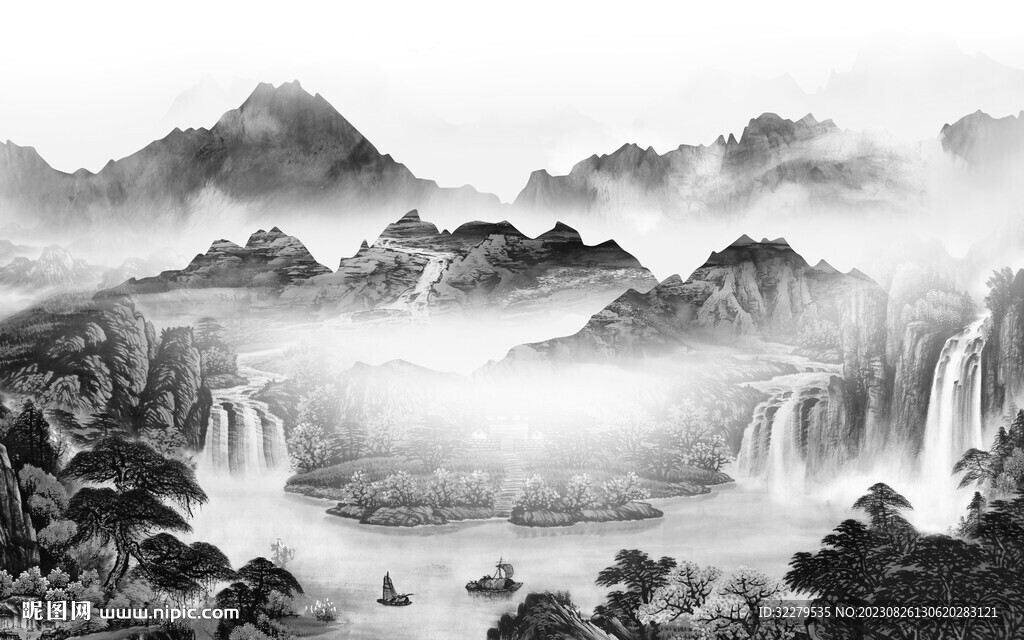 大气 清晰灰色山水 Tif分层