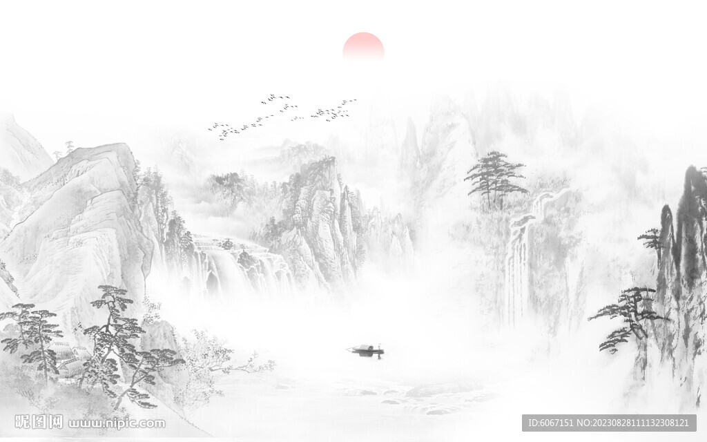 意境水墨山水画背景墙