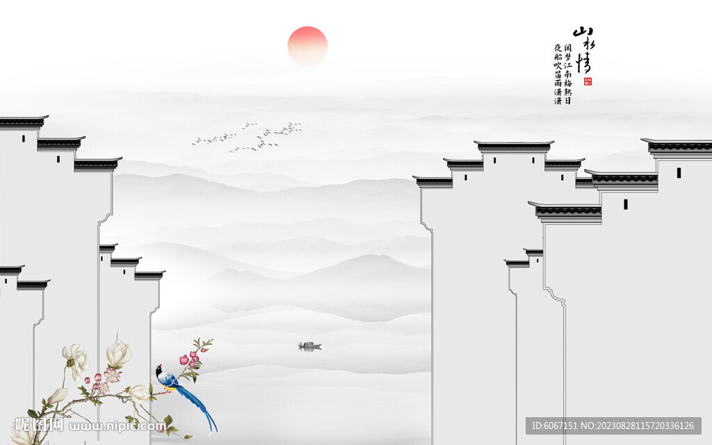 水墨江南水乡背景墙