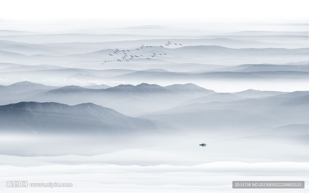 蓝色大气水墨山水画