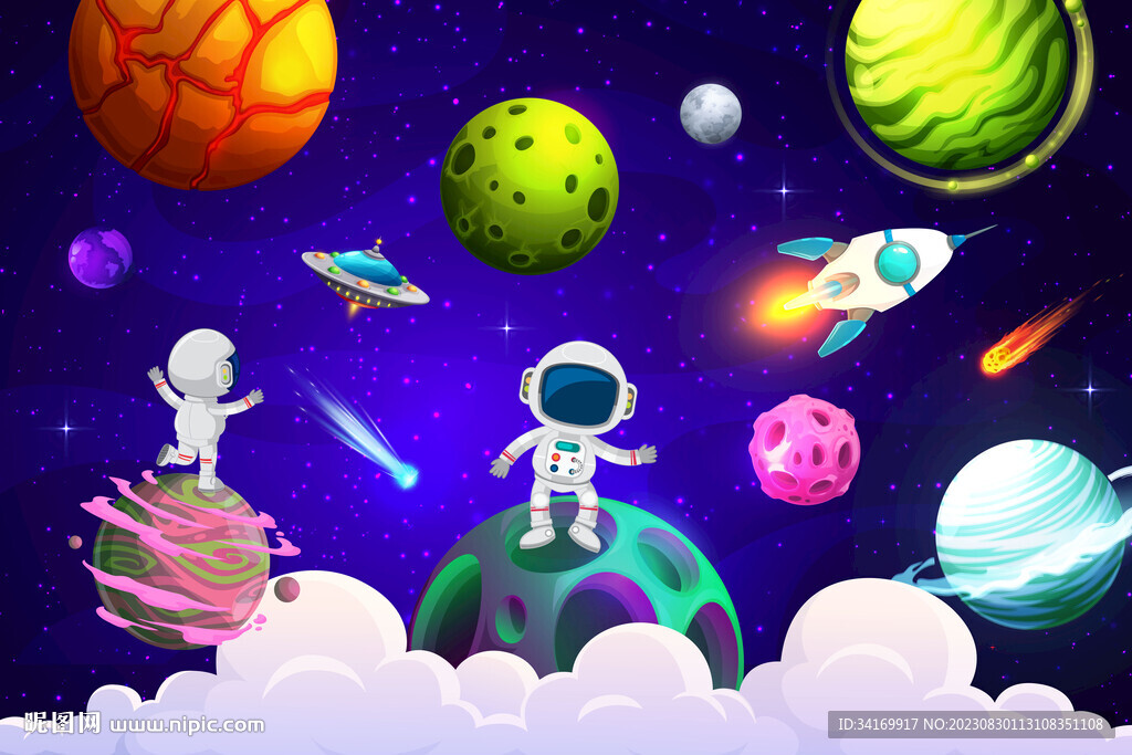 卡通宇宙星球太空宇航员火箭背景