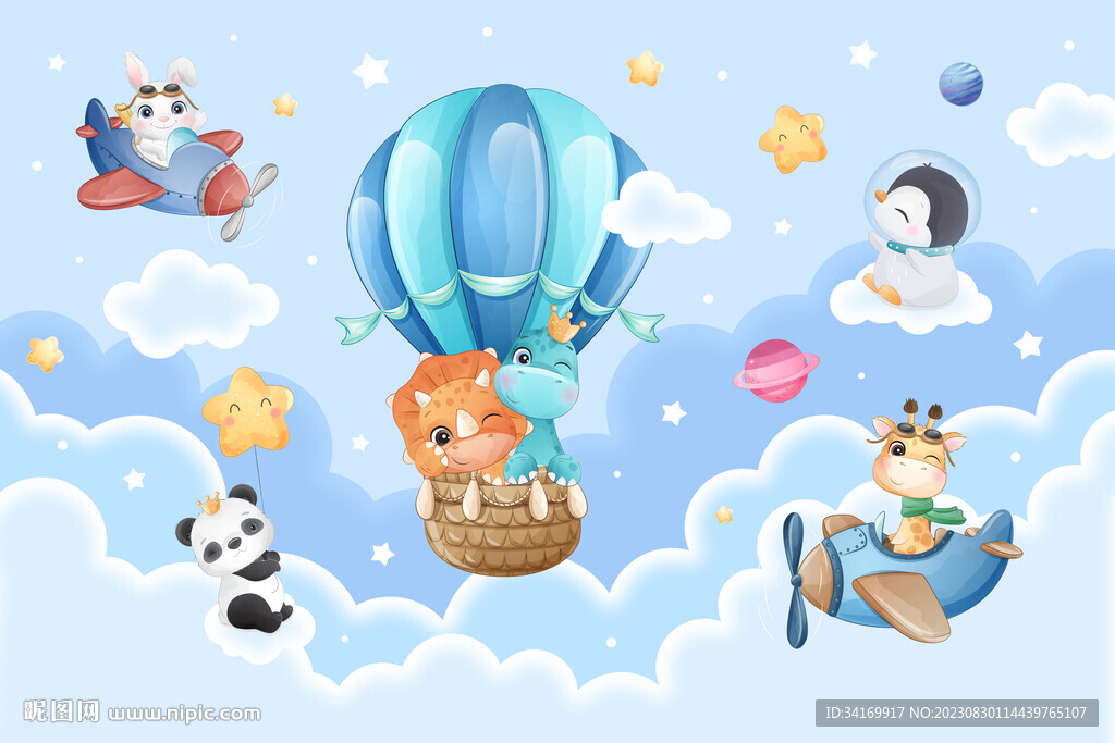 卡通云朵热气球动物飞机儿童背景