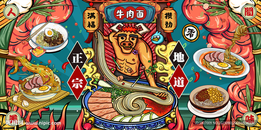 国潮兰州拉面牛肉面美食背景墙