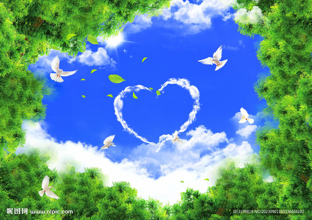 蓝天白云阳光鸽子树林吊顶壁画