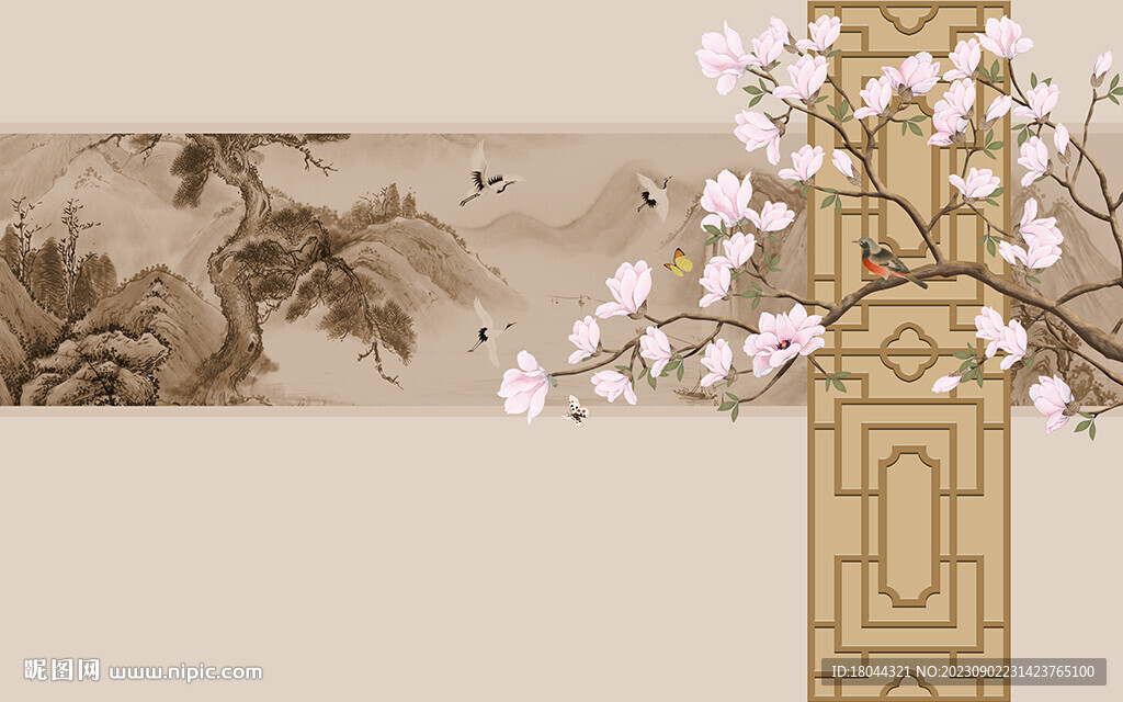 新中式山水画玉兰花鸟电视背景墙