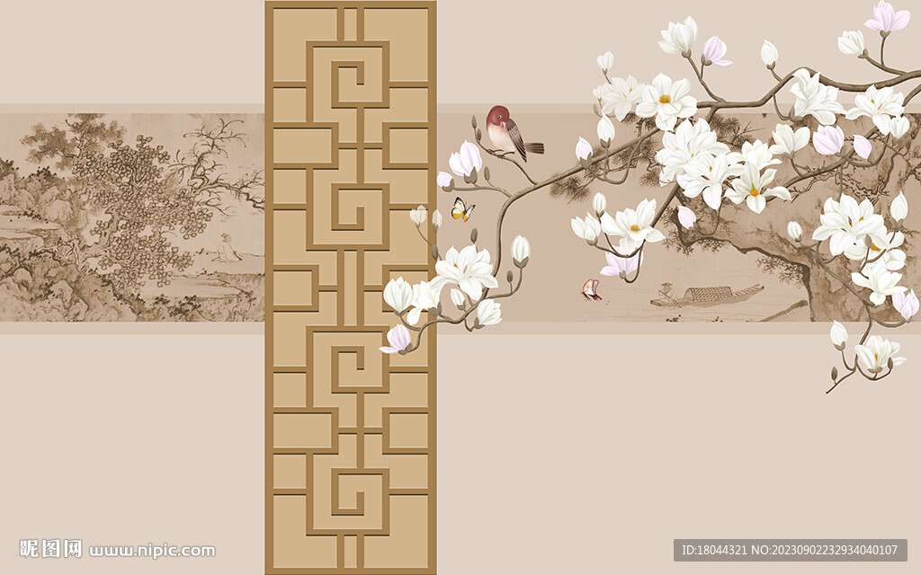 新中式山水玉兰花鸟电视背景墙