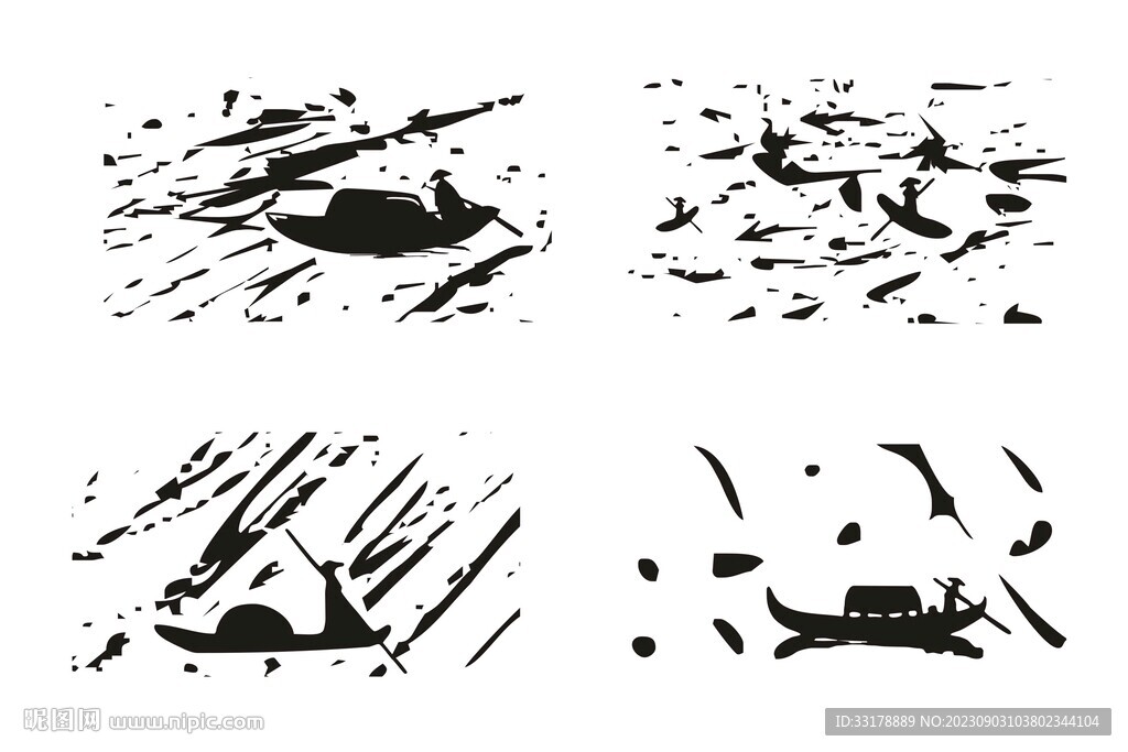 中国风书法笔触墨滴渔夫渔船