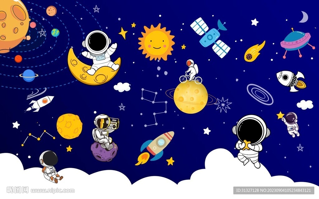 卡通太空儿童房背景墙图片