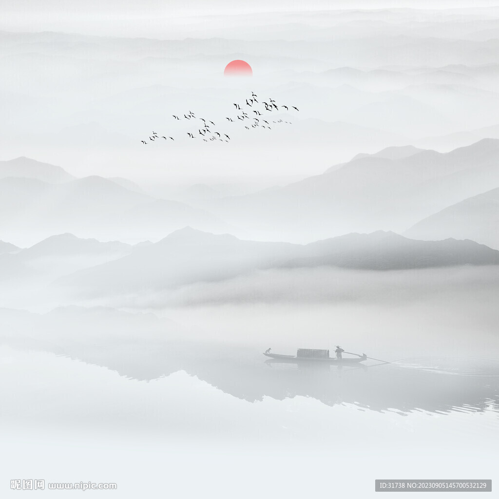 新中式现代餐厅水墨山水画背景墙