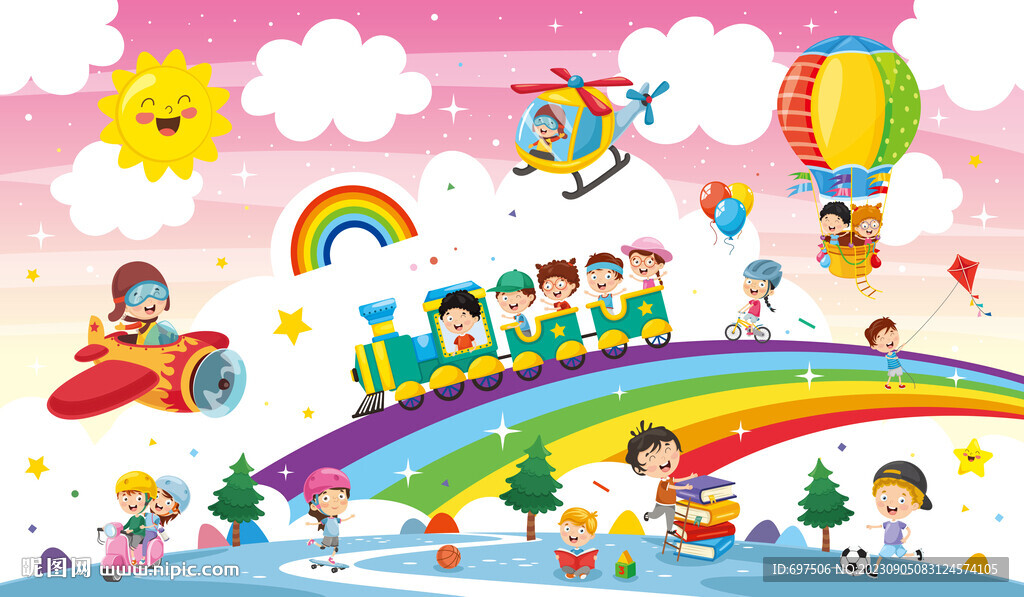 卡通彩虹热气球火车儿童乐园背景