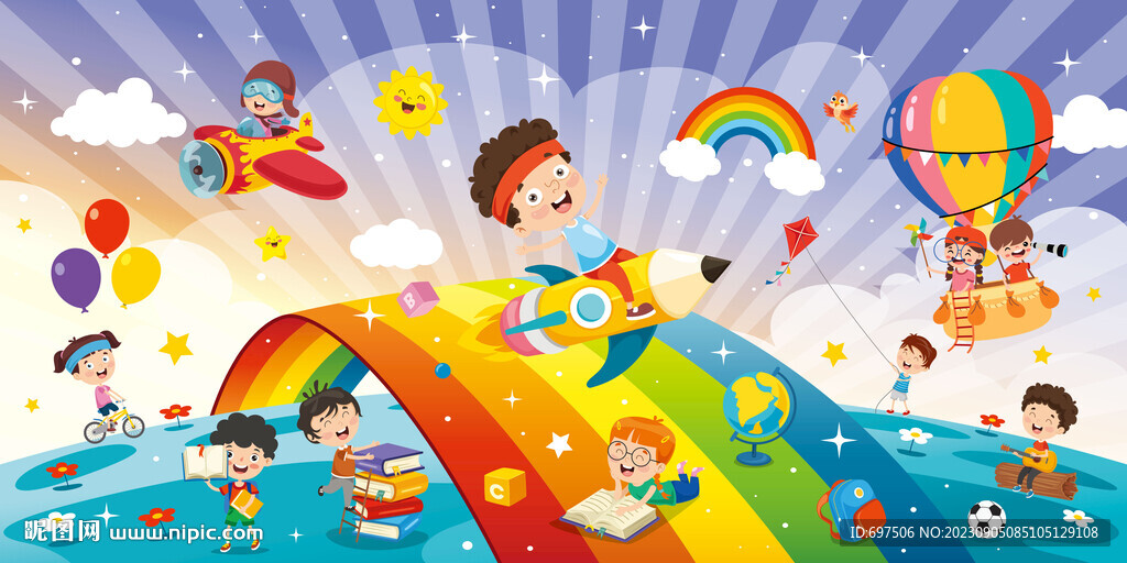 儿童卡通彩虹气球飞机幼儿园背景