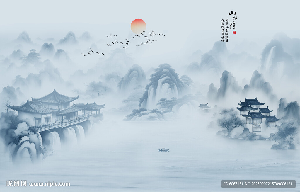 水墨江南水乡背景墙