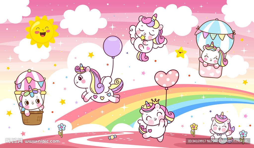 粉色天空卡通彩虹独角兽星空背景