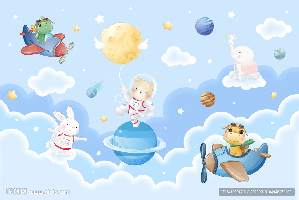卡通太空星球手绘动物宇航员背景