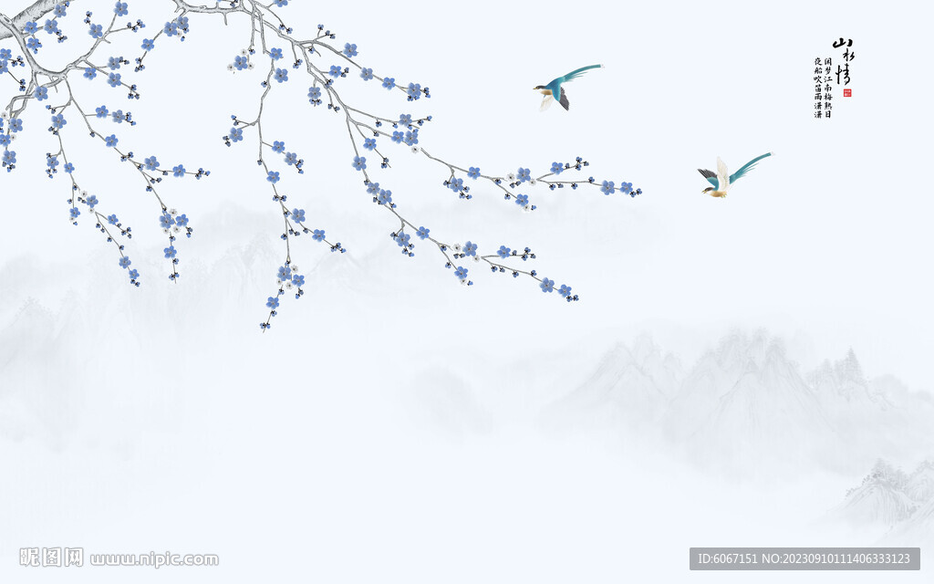 新中式工笔花鸟画背景墙