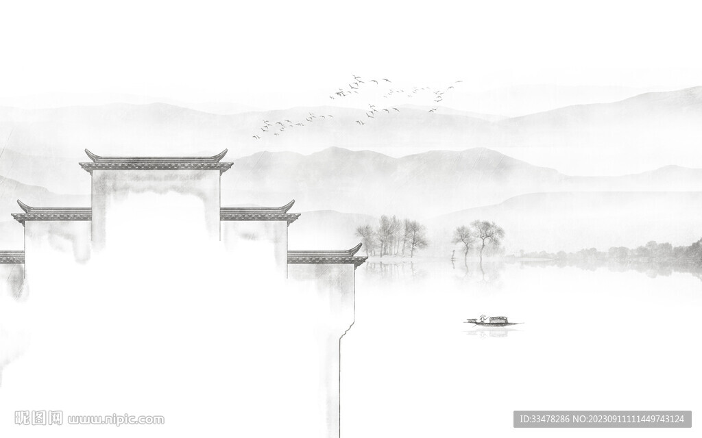 水墨江南水乡背景墙画