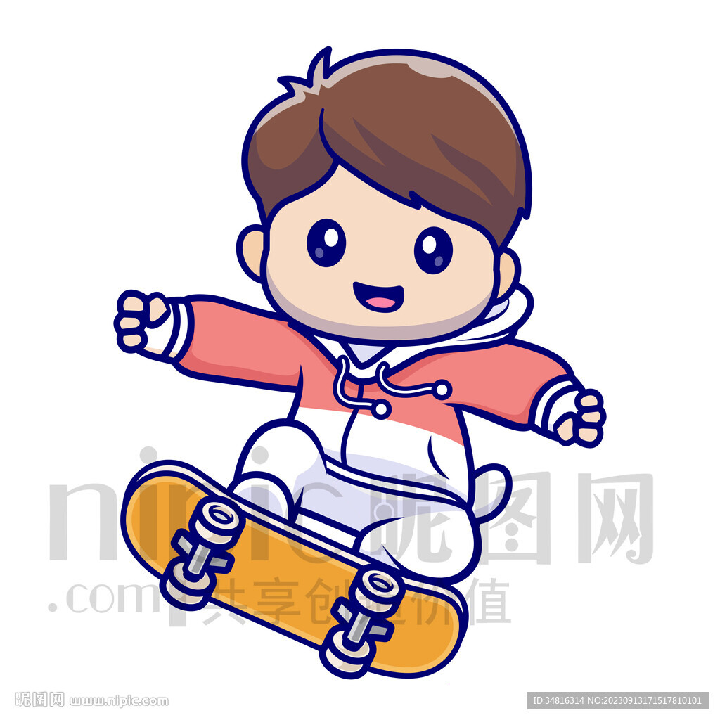 可爱卡通小男孩玩滑板插画素材