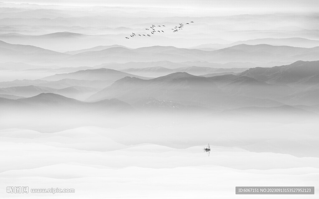 灰色大气水墨山水画