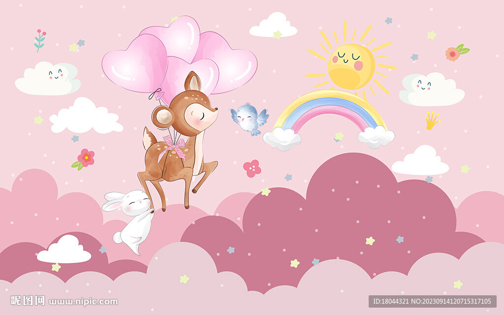 可爱卡通气球小鹿儿童房背景墙