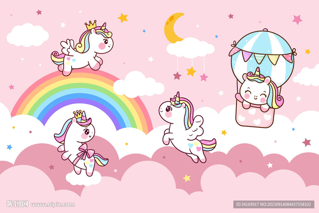 卡通热气球彩虹独角兽儿童背景墙