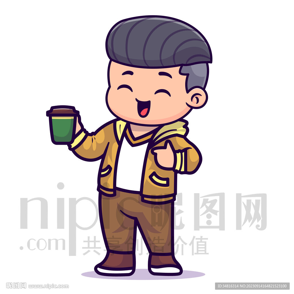 可爱卡通人物男孩喝奶茶咖啡