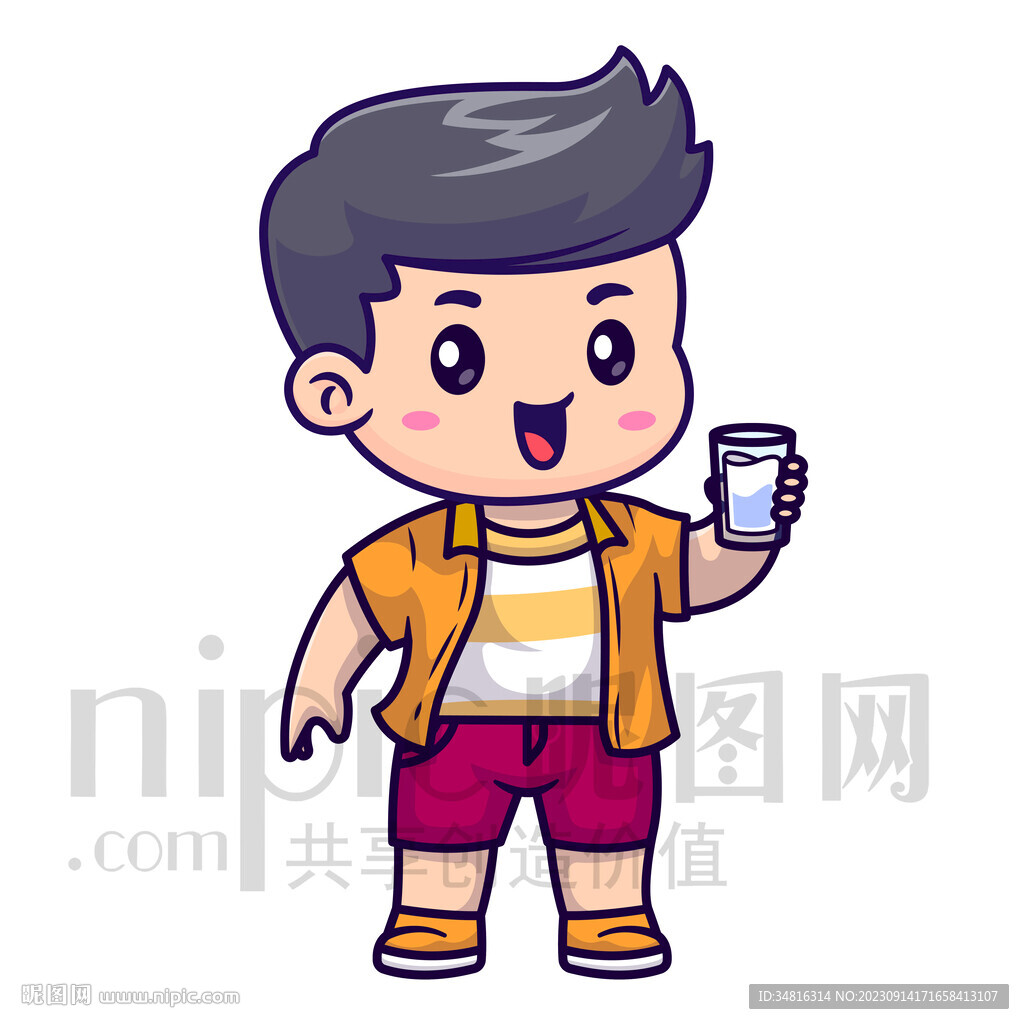 可爱卡通小男孩喝水