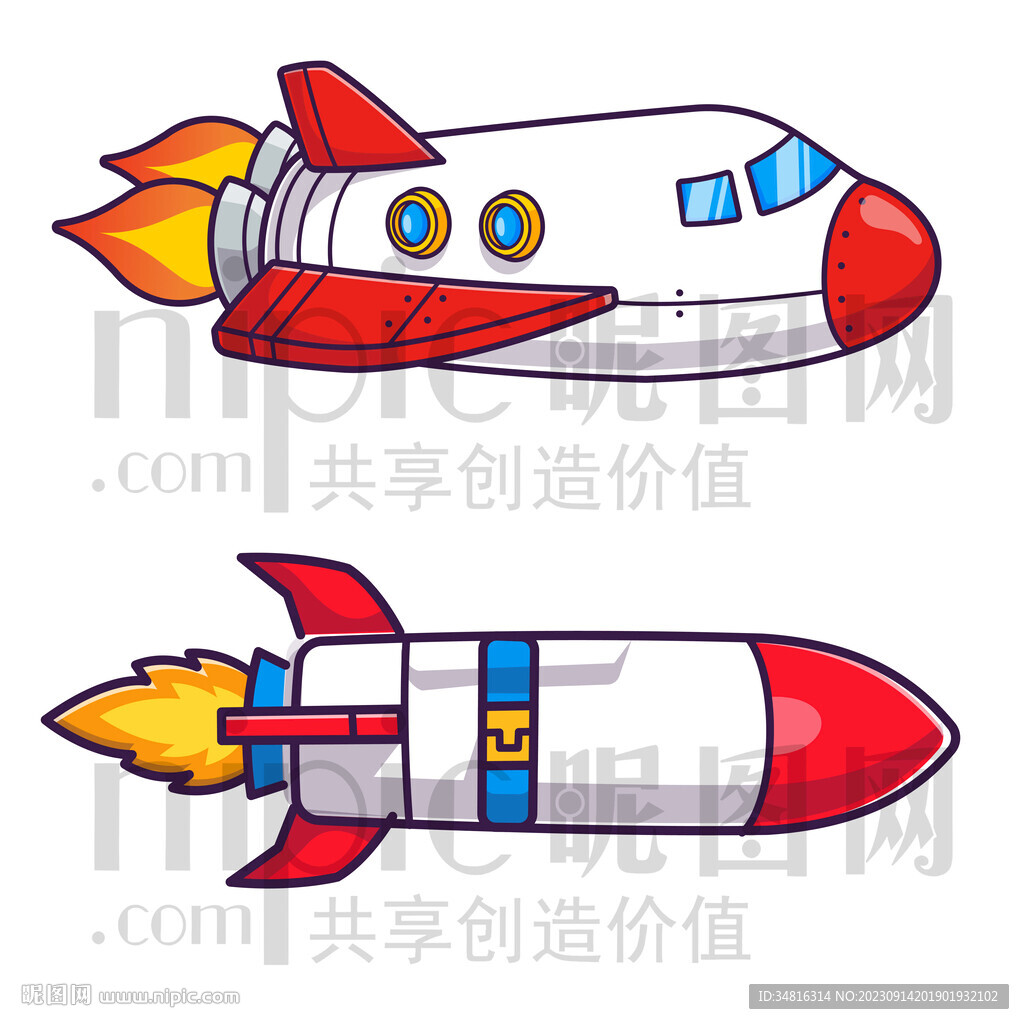 可爱卡通航天飞船火箭导矢量插画