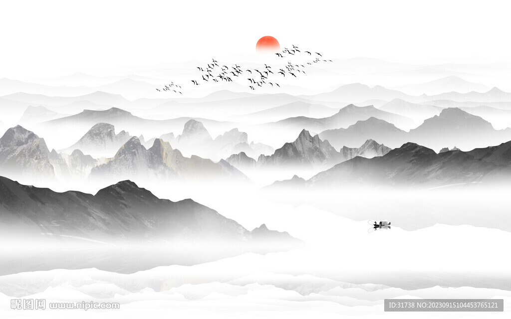 新中式水墨山水画背景墙