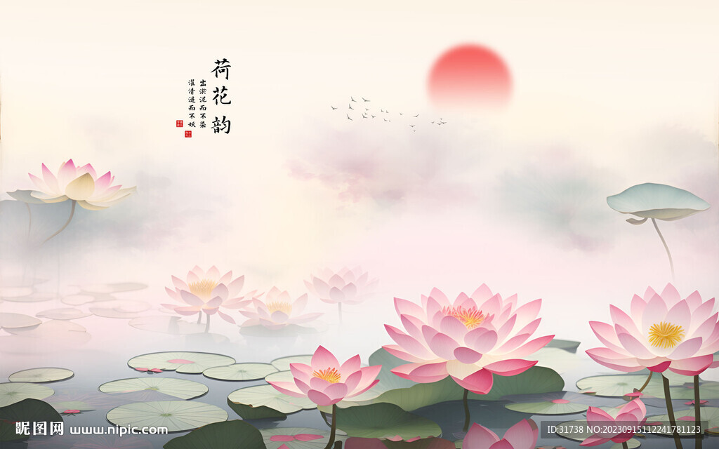 中式山水画手绘荷花背景墙