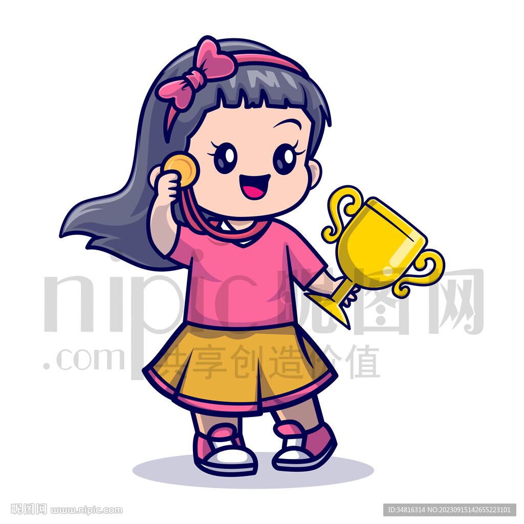 可卡通获得荣誉奖杯奖牌的小女孩