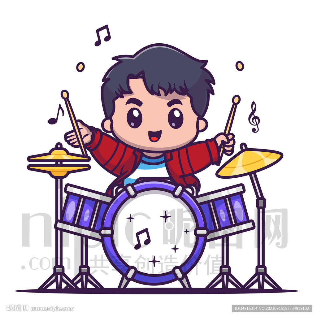可爱卡通打架子鼓的小男孩