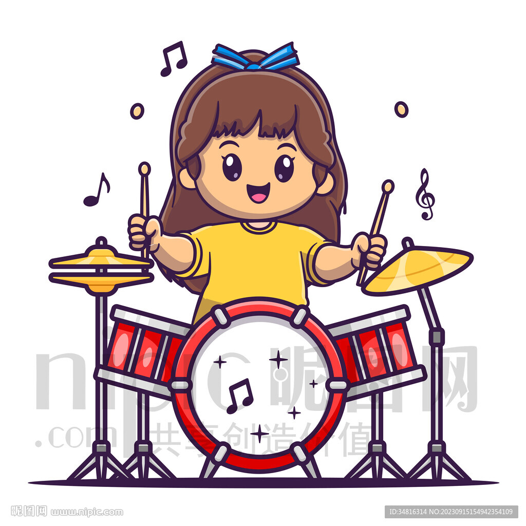 可爱卡通打架子鼓的小女孩