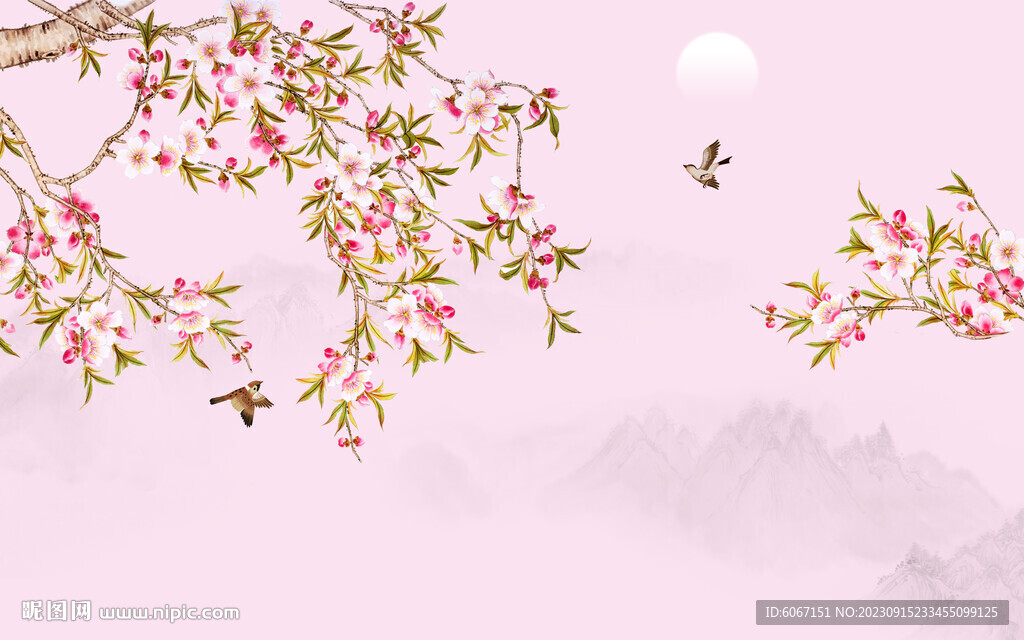 新中式手绘花鸟画背景墙